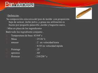 Panvienesa
Definición .
Su composición esta cerca del pan de molde con proporción
baja de azúcar ,leche polvo ,y grasa sus utilización es
bueno por pequeño panecillo ,molde y baguette suave.
Mise en place de los ingredientes
Batir todo los ingrediente conjunto .
Temperatura de base :63/64º c
Masa
amasar
: 25/26 ºc
: 2´ en velocidad lenta
: 8/10´en velocidad rápida
Pointage : 25 ´
aprestos : 60´
Hornear : 210/230 º c
 