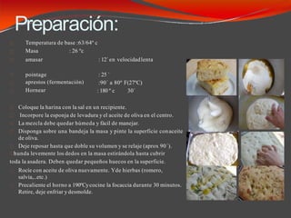 Preparación:
Temperatura de base :63/64º c
Masa : 26 ºc
amasar : 12´ en velocidadlenta
pointage
aprestos (fermentación)
Hornear
: 25 ´
:90´ a 80º F(27ºC)
: 180 º c 30´
Coloque la harina con la sal en un recipiente.
Incorpore la esponja de levadura y el aceite de oliva en el centro.
La mezcla debe quedar húmeda y fácil de manejar.
Disponga sobre una bandeja la masa y pinte la superficie conaceite
de oliva.
Deje reposar hasta que doble su volumen y se relaje (aprox 90´).
hunda levemente los dedos en la masa estirándola hasta cubrir
toda la asadera. Deben quedar pequeños huecos en la superficie.
Rocíe con aceite de oliva nuevamente. Yde hierbas (romero,
salvia,..etc.)
Precaliente el horno a 190ºCycocine la focaccia durante 30 minutos.
Retire, deje enfriar y desmolde.
 