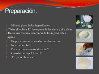 Preparación:
Mise en place de los ingredientes
1.Tibiar el leche a 35º incorporar la levadura y el azúcar
2.Hacer una fontana incorporando los ingredientes
liquido
3. Empezar a mezclar sin dar mucho cuerpo
4. Incorporar elsal.
5. Dar cuerpo a la masa durante5`
6. Guardar en papel film 15´
7. Preparar elempaste
 