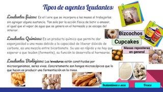 Tipos de agentes Leudantes:
Leudantes físicos: Es el l aire que se incorpora a las masas al trabajarlas
sin agregar alguna sustancia. Tan solo por la acción física de batir o amasar,
al igual que el vapor de agua que se genera en el horneado y se escapa del
interior.
Leudantes Químicos: Es un producto químico que permite dar
esponjosidad a una masa debido a la capacidad de liberar dióxido de
carbono, es una mezcla entre bicarbonato. Su uso es rápido y no hay que
esperar a que leuden (fermente), su función la desarrolla al hornearse.
Leudantes Biológicos: Las levaduras están constituidas por
microorganismos, seres vivos. Concretamente son hongos microscópicos que lo
que hacen es producir una fermentación en la masa.
Instantánea o seca Fresca
Bizcochos
Cupcakes
Masas reposteras
en general
 