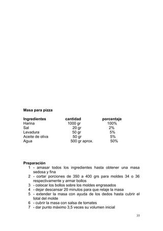 Masa para pizza
Ingredientes
Harina
Sal
Levadura
Aceite de oliva
Agua

cantidad
1000 gr
20 gr
50 gr
50 gr
500 gr aprox.

porcentaje
100%
2%
5%
5%
50%

Preparación
1 - amasar todos los ingredientes hasta obtener una masa
sedosa y fina
2 - cortar porciones de 350 a 400 grs para moldes 34 o 36
respectivamente y armar bollos
3 - colocar los bollos sobre los moldes engrasados
4 - dejar descansar 20 minutos para que relaje la masa
5 - extender la masa con ayuda de los dedos hasta cubrir el
total del molde
6 - cubrir la masa con salsa de tomates
7 - dar punto máximo 3,5 veces su volumen inicial
35

 