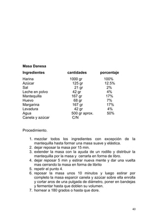 Masa Danesa
Ingredientes
Harina
Azúcar
Sal
Leche en polvo
Mantequilla
Huevo
Margarina
Levadura
Agua
Canela y azúcar

cantidades
1000 gr
125 gr
21 gr
42 gr
167 gr
68 gr
167 gr
42 gr
500 gr aprox.
C/N

porcentaje
100%
12.5%
2%
4%
17%
7%
17%
4%
50%

Procedimiento.
1. mezclar todos los ingredientes con excepción de la
mantequilla hasta formar una masa suave y elástica.
2. dejar reposar la masa por 15 min.
3. extender la masa con la ayuda de un rodillo y distribuir la
mantequilla por la masa y cerrarla en forma de libro.
4. dejar reposar 5 min y estirar nueva mente y dar una vuelta
mas cerrando la masa en forma de librito
5. repetir el punto 4.
6. reposar la masa unos 10 minutos y luego estirar por
completo la masa esparcir canela y azúcar sobre ella enrolla
y cortar aros de una pulgada de diámetro, poner en bandejas
y fermentar hasta que doblen su volumen.
7. hornear a 180 grados o hasta que dore.

40

 