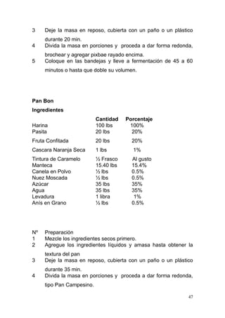 3

Deje la masa en reposo, cubierta con un paño o un plástico

4

durante 20 min.
Divida la masa en porciones y proceda a dar forma redonda,

5

brochear y agregar pixbae rayado encima.
Coloque en las bandejas y lleve a fermentación de 45 a 60
minutos o hasta que doble su volumen.

Pan Bon
Ingredientes
Harina
Pasita

Cantidad
100 lbs
20 lbs

Porcentaje
100%
20%

Fruta Confitada

20 lbs

20%

Cascara Naranja Seca

1 lbs

1%

Tintura de Caramelo
Manteca
Canela en Polvo
Nuez Moscada
Azúcar
Agua
Levadura
Anís en Grano

½ Frasco
15.40 lbs
½ lbs
½ lbs
35 lbs
35 lbs
1 libra
½ lbs

Al gusto
15.4%
0.5%
0.5%
35%
35%
1%
0.5%

Nº
1
2

Preparación
Mezcle los ingredientes secos primero.
Agregue los ingredientes líquidos y amasa hasta obtener la

3

textura del pan
Deje la masa en reposo, cubierta con un paño o un plástico

4

durante 35 min.
Divida la masa en porciones y proceda a dar forma redonda,
tipo Pan Campesino.
47

 