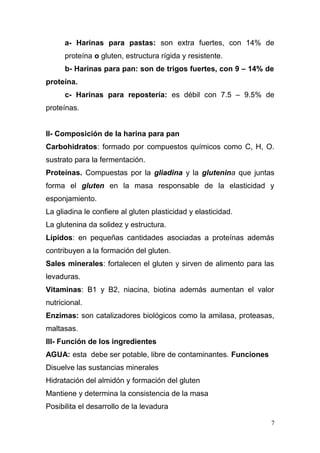 a- Harinas para pastas: son extra fuertes, con 14% de
proteína o gluten, estructura rígida y resistente.
b- Harinas para pan: son de trigos fuertes, con 9 – 14% de
proteína.
c- Harinas para repostería: es débil con 7.5 – 9.5% de
proteínas.
II- Composición de la harina para pan
Carbohidratos: formado por compuestos químicos como C, H, O.
sustrato para la fermentación.
Proteínas. Compuestas por la gliadina y la glutenina que juntas
forma el gluten en la masa responsable de la elasticidad y
esponjamiento.
La gliadina le confiere al gluten plasticidad y elasticidad.
La glutenina da solidez y estructura.
Lípidos: en pequeñas cantidades asociadas a proteínas además
contribuyen a la formación del gluten.
Sales minerales: fortalecen el gluten y sirven de alimento para las
levaduras.
Vitaminas: B1 y B2, niacina, biotina además aumentan el valor
nutricional.
Enzimas: son catalizadores biológicos como la amilasa, proteasas,
maltasas.
III- Función de los ingredientes
AGUA: esta debe ser potable, libre de contaminantes. Funciones
Disuelve las sustancias minerales
Hidratación del almidón y formación del gluten
Mantiene y determina la consistencia de la masa
Posibilita el desarrollo de la levadura
7

 