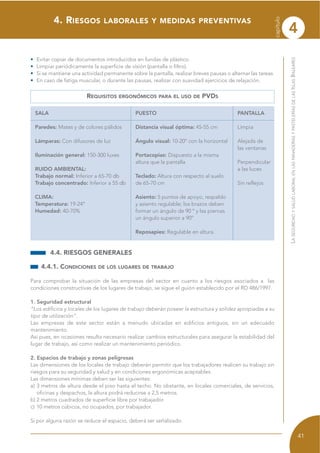 4
capítulo
41
LASEGURIDADYSALUDLABORALENLASPANADERÍASYPASTELERÍASDELASISLASBALEARES
• Evitar copiar de documentos introducidos en fundas de plástico.
• Limpiar periódicamente la superficie de visión (pantalla o filtro).
• Si se mantiene una actividad permanente sobre la pantalla, realizar breves pausas o alternar las tareas.
• En caso de fatiga muscular, o durante las pausas, realizar con suavidad ejercicios de relajación.
4.4. RIESGOS GENERALES
4.4.1. CONDICIONES DE LOS LUGARES DE TRABAJO
Para comprobar la situación de las empresas del sector en cuanto a los riesgos asociados a las
condiciones constructivas de los lugares de trabajo, se sigue el guión establecido por el RD 486/1997.
1. Seguridad estructural
“Los edificios y locales de los lugares de trabajo deberán poseer la estructura y solidez apropiadas a su
tipo de utilización”.
Las empresas de este sector están a menudo ubicadas en edificios antiguos, sin un adecuado
mantenimiento.
Así pues, en ocasiones resulta necesario realizar cambios estructurales para asegurar la estabilidad del
lugar de trabajo, así como realizar un mantenimiento periódico.
2. Espacios de trabajo y zonas peligrosas
Las dimensiones de los locales de trabajo deberán permitir que los trabajadores realicen su trabajo sin
riesgos para su seguridad y salud y en condiciones ergonómicas aceptables.
Las dimensiones mínimas deben ser las siguientes:
a) 3 metros de altura desde el piso hasta el techo. No obstante, en locales comerciales, de servicios,
oficinas y despachos, la altura podrá reducirse a 2,5 metros.
b) 2 metros cuadrados de superficie libre por trabajador.
c) 10 metros cúbicos, no ocupados, por trabajador.
Si por alguna razón se reduce el espacio, deberá ser señalizado.
4. RIESGOS LABORALES Y MEDIDAS PREVENTIVAS
REQUISITOS ERGONÓMICOS PARA EL USO DE PVDS
SALA
Paredes: Mates y de colores pálidos
Lámparas: Con difusores de luz
Iluminación general: 150-300 luxes
RUIDO AMBIENTAL:
Trabajo normal: Inferior a 65-70 db
Trabajo concentrado: Inferior a 55 db
CLIMA:
Temperatura: 19-24º
Humedad: 40-70%
PUESTO
Distancia visual óptima: 45-55 cm
Ángulo visual: 10-20º con la horizontal
Portacopias: Dispuesto a la misma
altura que la pantalla
Teclado: Altura con respecto al suelo
de 65-70 cm
Asiento: 5 puntos de apoyo, respaldo
y asiento regulable; los brazos deben
formar un ángulo de 90 º y las piernas
un ángulo superior a 90º
Reposapies: Regulable en altura.
PANTALLA
Limpia
Alejada de
las ventanas
Perpendicular
a las luces
Sin reflejos
 