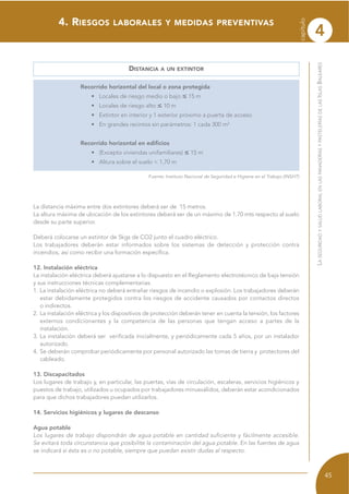 DISTANCIA A UN EXTINTOR
Recorrido horizontal del local o zona protegida
• Locales de riesgo medio o bajo ≤ 15 m
• Locales de riesgo alto ≤ 10 m
• Extintor en interior y 1 exterior próximo a puerta de acceso
• En grandes recintos sin parámetros: 1 cada 300 m2
Recorrido horizontal en edificios
• (Excepto viviendas unifamiliares) ≤ 15 m
• Altura sobre el suelo < 1,70 m
4
capítulo
45
LASEGURIDADYSALUDLABORALENLASPANADERÍASYPASTELERÍASDELASISLASBALEARES
Fuente: Instituto Nacional de Seguridad e Higiene en el Trabajo (INSHT)
La distancia máxima entre dos extintores deberá ser de 15 metros.
La altura máxima de ubicación de los extintores deberá ser de un máximo de 1.70 mts respecto al suelo
desde su parte superior.
Deberá colocarse un extintor de 5kgs de CO2 junto el cuadro eléctrico.
Los trabajadores deberán estar informados sobre los sistemas de detección y protección contra
incendios, así como recibir una formación específica.
12. Instalación eléctrica
La instalación eléctrica deberá ajustarse a lo dispuesto en el Reglamento electrotécnico de baja tensión
y sus instrucciones técnicas complementarias.
1. La instalación eléctrica no deberá entrañar riesgos de incendio o explosión. Los trabajadores deberán
estar debidamente protegidos contra los riesgos de accidente causados por contactos directos
o indirectos.
2. La instalación eléctrica y los dispositivos de protección deberán tener en cuenta la tensión, los factores
externos condicionantes y la competencia de las personas que tengan acceso a partes de la
instalación.
3. La instalación deberá ser verificada inicialmente, y periódicamente cada 5 años, por un instalador
autorizado.
4. Se deberán comprobar periódicamente por personal autorizado las tomas de tierra y protectores del
cableado.
13. Discapacitados
Los lugares de trabajo y, en particular, las puertas, vías de circulación, escaleras, servicios higiénicos y
puestos de trabajo, utilizados u ocupados por trabajadores minusválidos, deberán estar acondicionados
para que dichos trabajadores puedan utilizarlos.
14. Servicios higiénicos y lugares de descanso
Agua potable
Los lugares de trabajo dispondrán de agua potable en cantidad suficiente y fácilmente accesible.
Se evitará toda circunstancia que posibilite la contaminación del agua potable. En las fuentes de agua
se indicará si ésta es o no potable, siempre que puedan existir dudas al respecto.
4. RIESGOS LABORALES Y MEDIDAS PREVENTIVAS
 