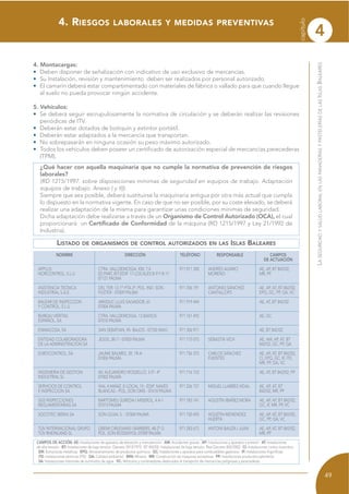 4
capítulo
49
LASEGURIDADYSALUDLABORALENLASPANADERÍASYPASTELERÍASDELASISLASBALEARES
4. Montacargas:
• Deben disponer de señalización con indicativo de uso exclusivo de mercancías.
• Su Instalación, revisión y mantenimiento deben ser realizados por personal autorizado.
• El camarín deberá estar compartimentado con materiales de fábrica o vallado para que cuando llegue
al suelo no pueda provocar ningún accidente.
5. Vehículos:
• Se deberá seguir escrupulosamente la normativa de circulación y se deberán realizar las revisiones
periódicas de ITV.
• Deberán estar dotados de botiquín y extintor portátil.
• Deberán estar adaptados a la mercancía que transportan.
• No sobrepasarán en ninguna ocasión su peso máximo autorizado.
• Todos los vehículos deben poseer un certificado de autorización especial de mercancías perecederas
(TPM).
¿Qué hacer con aquella maquinaria que no cumple la normativa de prevención de riesgos
laborales?
(RD 1215/1997. sobre disposiciones mínimas de seguridad en equipos de trabajo. Adaptación
equipos de trabajo. Anexo I y II)).
Siempre que sea posible, deberá sustituirse la maquinaria antigua por otra más actual que cumpla
lo dispuesto en la normativa vigente. En caso de que no ser posible, por su coste elevado, se deberá
realizar una adaptación de la misma para garantizar unas condiciones mínimas de seguridad.
Dicha adaptación debe realizarse a través de un Organismo de Control Autorizado (OCA), el cual
proporcionará un Certificado de Conformidad de la máquina (RD 1215/1997 y Ley 21/1992 de
Industria).
CAMPOS DE ACCIÓN: AE: Instalaciones de aparatos de elevación y manutención · AM: Accidentes graves · AP: Instalaciones y aparatos a presión · AT: Instalaciones
de alta tensión · BT: Instalaciones de baja tensión. Decreto 2413/1973 · BT 842/02: Instalaciones de baja tensión. Real Decreto 842/2002 · CI: Instalaciones contra incendios
· EM: Estructuras metálicas · EPQ: Almacenamiento de productos químicos · GC: Instalaciones y aparatos para combustibles gaseosos · IF: Instalaciones frigoríficas
· ITE: Instalaciones térmicas (ITE) · QA: Calidad ambiental · MIN: Minería · MR: Construcción de maquinas recreativas · PP: Instalaciones productos petroleros
· SA: Instalaciones interiores de suministro de agua · VC: Vehiculos y contenedores destinados al transporte de mercancías peligrosas y perecederas.
4. RIESGOS LABORALES Y MEDIDAS PREVENTIVAS
LISTADO DE ORGANISMOS DE CONTROL AUTORIZADOS EN LAS ISLAS BALEARES
NOMBRE
APPLUS
NORCONTROL, S.L.U
ASISTENCIA TECNICA
INDUSTRIAL S.A.E.
BALEAR DE INSPECCION
Y CONTROL, S.L.U
BUREAU VERITAS
ESPAÑOL, SA
ENMACOSA, SA
ENTIDAD COLABORADORA
DE LA ADMINISTRACION SA
EUROCONTROL, SA
INGENIERIA DE GESTION
INDUSTRIAL SL
SERVICIOS DE CONTROL
E INSPECCION SA
SGS INSPECCIONES
REGLAMENTARIAS SA
SOCOTEC IBERIA SA
TÜV INTERNACIONAL GRUPO
TÜV RHEINLAND SL
DIRECCIÓN
CTRA. VALLDEMOSSA, KM. 7,4
ES PARC BIT-EDIF. 17-LOCALES B-9 Y B-11
07121 PALMA
DEL TER, 12-1º-PTA.3ª- POL. IND. SON
FUSTER - 07009 PALMA
ARXIDUC LLUIS SALVADOR, 61
07004 PALMA
CTRA. VALLDEMOSSA, 13-BAIXOS
07010 PALMA
SAN SEBATIAN, 95- BAJOS - 07702 MAO
JESÚS, 38-1º- 07003 PALMA
JAUME BALMES, 39, 1R-A
07004 PALMA
AV. ALEJANDRO ROSSELLÓ, 3-5º- 4ª
07002 PALMA
VIAL 4-MANZ. E-LOCAL 13 - EDIF. NAVES
BLANCAS - POL, SON OMS - 07610 PALMA
BARTOMEU SUREDA I MISEROL, 4 A-1
07013 PALMA
SON OLIVA, 5 - 07004 PALMA
GREMI CIRUGIANS I BARBERS, 48-2º G
POL. SON ROSSINYOL 07009 PALMA
TELÉFONO
971 011 300
971 706 191
971 919 444
971 761 492
971 356 971
971 775 075
971 756 375
971 716 153
971 226 727
971 783 141
971 750 695
971 283 672
RESPONSABLE
ANDRÉS ALVARO
MORENO
ANTONIO SÁNCHEZ
CANTALLOPS
SEBASTIÀ VICH
CARLOS SÁNCHEZ
FUENTES
MIGUEL LLABRÉS VIDAL
AGUSTÍN IBAÑEZ MORA
AGUSTIN MENENDEZ
HUERTA
ANTONI BAUZÀ I JUAN
CAMPOS
DE ACTUACIÓN
AE, AP, BT 842/02,
MR, PP
AE, AP, AT, BT 842/02,
EPQ, GC, PP, QA, VC
AE, AT, BT 842/02
AE, GC
AE, BT 842/02
AE, AM, AP, AT, BT
842/02, GC, PP, QA
AE, AP, AT, BT 842/02,
CI, EPQ, GC, IF, ITE,
MR, PP, QA, VC
AE, AT, BT 842/02, PP
AE, AP, AT, BT
842/02, MR, PP
AE, AP, AT, BT 842/02,
GC, IF, MR, PP, VC
AE, AP, AT, BT 842/02,
GC, PP, QA, VC
AE, AP, AT, BT 842/02,
MR, PP
 