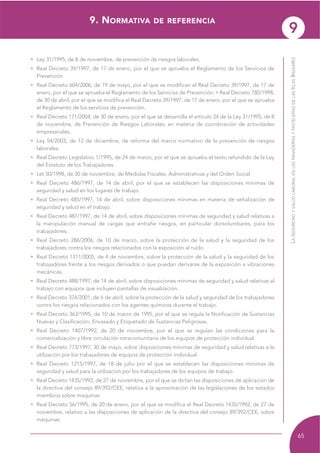 9
capítulo
65
LASEGURIDADYSALUDLABORALENLASPANADERÍASYPASTELERÍASDELASISLASBALEARES
• Ley 31/1995, de 8 de noviembre, de prevención de riesgos laborales.
• Real Decreto 39/1997, de 17 de enero, por el que se aprueba el Reglamento de los Servicios de
Prevención.
• Real Decreto 604/2006, de 19 de mayo, por el que se modifican el Real Decreto 39/1997, de 17 de
enero, por el que se aprueba el Reglamento de los Servicios de Prevención. • Real Decreto 780/1998,
de 30 de abril, por el que se modifica el Real Decreto 39/1997, de 17 de enero, por el que se aprueba
el Reglamento de los servicios de prevención.
• Real Decreto 171/2004, de 30 de enero, por el que se desarrolla el artículo 24 de la Ley 31/1995, de 8
de noviembre, de Prevención de Riesgos Laborales, en materia de coordinación de actividades
empresariales.
• Ley 54/2003, de 12 de diciembre, de reforma del marco normativo de la prevención de riesgos
laborales.
• Real Decreto Legislativo 1/1995, de 24 de marzo, por el que se aprueba el texto refundido de la Ley
del Estatuto de los Trabajadores.
• Let 50/1998, de 30 de noviembre, de Medidas Fiscales, Administrativas y del Orden Social.
• Real Decreto 486/1997, de 14 de abril, por el que se establecen las disposiciones mínimas de
seguridad y salud en los lugares de trabajo.
• Real Decreto 485/1997, 14 de abril, sobre disposiciones mínimas en materia de señalización de
seguridad y salud en el trabajo.
• Real Decreto 487/1997, de 14 de abril, sobre disposiciones mínimas de seguridad y salud relativas a
la manipulación manual de cargas que entrañe riesgos, en particular dorsolumbares, para los
trabajadores.
• Real Decreto 286/2006, de 10 de marzo, sobre la protección de la salud y la seguridad de los
trabajadores contra los riesgos relacionados con la exposición al ruido.
• Real Decreto 1311/2005, de 4 de noviembre, sobre la protección de la salud y la seguridad de los
trabajadores frente a los riesgos derivados o que puedan derivarse de la exposición a vibraciones
mecánicas.
• Real Decreto 488/1997, de 14 de abril, sobre disposiciones mínimas de seguridad y salud relativas al
trabajo con equipos que incluyen pantallas de visualización.
• Real Decreto 374/2001, de 6 de abril, sobre la protección de la salud y seguridad de los trabajadores
contra los riesgos relacionados con los agentes químicos durante el trabajo.
• Real Decreto 363/1995, de 10 de marzo de 1995, por el que se regula la Notificación de Sustancias
Nuevas y Clasificación, Envasado y Etiquetado de Sustancias Peligrosas.
• Real Decreto 1407/1992, de 20 de noviembre, por el que se regulan las condiciones para la
comercialización y libre circulación intracomunitaria de los equipos de protección individual.
• Real Decreto 773/1997, 30 de mayo, sobre disposiciones mínimas de seguridad y salud relativas a la
utilización por los trabajadores de equipos de protección individual.
• Real Decreto 1215/1997, de 18 de julio por el que se establecen las disposiciones mínimas de
seguridad y salud para la utilización por los trabajadores de los equipos de trabajo.
• Real Decreto 1435/1992, de 27 de noviembre, por el que se dictan las disposiciones de aplicación de
la directiva del consejo 89/392/CEE, relativa a la aproximación de las legislaciones de los estados
miembros sobre maquinas.
• Real Decreto 56/1995, de 20 de enero, por el que se modifica el Real Decreto 1435/1992, de 27 de
noviembre, relativo a las disposiciones de aplicación de la directiva del consejo 89/392/CEE, sobre
máquinas.
9. NORMATIVA DE REFERENCIA
 