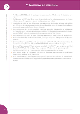 9
capítulo
66
LASEGURIDADYSALUDLABORALENLASPANADERÍASYPASTELERÍASDELASISLASBALEARES
• Real Decreto 842/2002, de 2 de agosto, por el que se aprueba el Reglamento electrotécnico para
baja tensión.
• Real Decreto 664/1997, de 12 de mayo, de protección de los trabajadores contra los riesgos
relacionados con la exposición a agentes biológicos durante el trabajo.
• Orden de 25 de marzo de 1998 por la que se adapta en función del progreso técnico el Real Decreto
664/1997, de 12 de mayo, sobre la protección de los trabajadores contra los riesgos relacionados con
la exposición a agentes biológicos durante el trabajo.
• Real Decreto 1942/1993, de 5 de noviembre, por el que se aprueba el Reglamento de Instalaciones
de Protección contra Incendios, actualizado por el RD 2177/1996, de 4 de octubre, y modificado por
la orden 16/04/98 sobre normas de procedimiento y desarrollo del Real Decreto.
• Real Decreto 314/2006, de 17 de marzo, por el que se aprueba el Código Técnico de la Edificación.
• Real Decreto 1244/1979, de 4 de abril de 1979, por el que se aprueba el Reglamento de Aparatos
a Presión.
• Orden de 31 de mayo de 1982 por la que se aprueba la ITC MIE-AP5, referente a extintores de
incendios, que complementa al REAL DECRETO 1244/1979. BOE núm. 149 de 23 de junio.
• Orden de 17 de marzo de 1981 por la que se aprueba la I.T.C. MIE-AP1 que complementa el Real
Decreto 1244/1979, de 4 de Abril, por el que se aprueba el Reglamento de aparatos a presión.
• Real Decreto 1561/1995, de 21 de septiembre, sobre jornadas especiales de trabajo.
• Real Decreto 5/2000, de 4 de agosto, por el que se aprueba el texto refundido de la Ley sobre
Infracciones y Sanciones en el Orden Social.
• Real Decreto 1299/2006, de 10 de noviembre, por el que se aprueba el cuadro de enfermedades
profesionales en el sistema de la Seguridad Social y se establecen criterios para su notificación y
registro.
9. NORMATIVA DE REFERENCIA
 