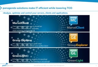 panagenda solutions make IT efficient while lowering TCO
•




                         MarvelClient and IBM Lotus Notes Client Management   2
 