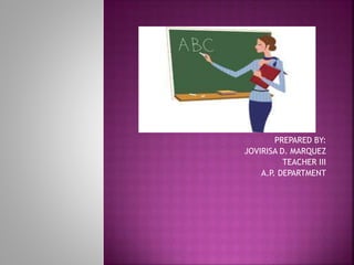 PREPARED BY:
JOVIRISA D. MARQUEZ
TEACHER III
A.P. DEPARTMENT
 