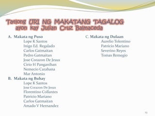 Tatlong URI NG MAKATANG TAGALOG
ayon kay Julian Cruz Balmaceda
A. Makata ng Puso C. Makata ng Dulaan
Lope K Santos Aurelio Tolentino
Inigo Ed. Regalado Patricio Mariano
Carlos Gatmaitan Severino Reyes
Pedro Gatmaitan Tomas Remegio
Jose Corazon De Jesus
Cirio H Panganiban
Nemecio Carabana
Mar Antonio
B. Makata ng Buhay
Lope K Santos
Jose Corazon De Jesus
Florentino Collantes
Patricio Mariano
Carlos Gatmaitan
Amado V Hernandez
23
 