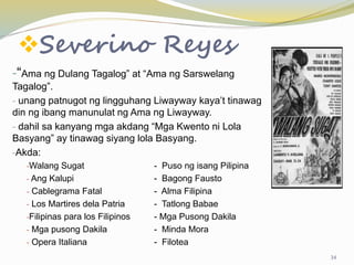 Severino Reyes
-“Ama ng Dulang Tagalog” at “Ama ng Sarswelang
Tagalog”.
- unang patnugot ng lingguhang Liwayway kaya’t tinawag
din ng ibang manunulat ng Ama ng Liwayway.
- dahil sa kanyang mga akdang “Mga Kwento ni Lola
Basyang” ay tinawag siyang lola Basyang.
-Akda:
-Walang Sugat - Puso ng isang Pilipina
- Ang Kalupi - Bagong Fausto
- Cablegrama Fatal - Alma Filipina
- Los Martires dela Patria - Tatlong Babae
-Filipinas para los Filipinos - Mga Pusong Dakila
- Mga pusong Dakila - Minda Mora
- Opera Italiana - Filotea
34
 