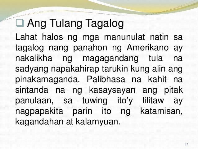 kalagayan ng tula sa pilipino sa panahon ng mga amerikano Documents similar to mga tula ng panahon ng mga amerikano mga manunulat sa panahon ng amerikano hibik ng pilipinas sa inang espanya tula - pag-ibig sa kapwa. kalagayan ng tula sa pilipino sa panahon ng mga amerikano Documents similar to mga tula ng panahon ng mga amerikano mga manunulat sa panahon ng amerikano hibik ng pilipinas sa inang espanya tula - pag-ibig sa kapwa.