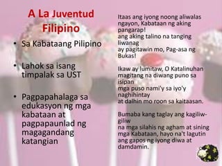 Kasamaan at katiwaliansapamahalaan at simbahan.My Last FarewellFarewell, beloved Country, treasured region of the sun, Pearl of the sea of the Orient, our lost Eden! To you eagerly I surrender this sad and gloomy life; And were it brighter, fresher, more florid, Even then I’d give it to you, for your sake alone.In fields of battle, deliriously fighting, Others give you their lives, without doubt, without regret; The place matters not: where there’s cypress, laurel or lily, On a plank or open field, in combat or cruel martyrdom, It’s all the same if the home or country asks.I die when I see the sky has unfurled its colors And at last after a cloak of darkness announces the day;If you need scarlet to tint your dawn, Shed my blood, pour it as the moment comes, And may it be gilded by a reflection of the heaven’s newly-born light.Mi Ultimo AdiosAngHulingPaalamFort SantiagoKusinilyang de alkoholTrinidadPadre Mariano Dacanay