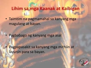 AngPag-ibigsaTinubuangLupaNaritoangisangmagandangpaksa; at dahil din sakanyangkagandahan ay napakadalasnangtalakayin. Angpantas, makata, makasining, manggagawa, mangangalakal, o mandirigma, matanda o bata, hari o alipin -- anglahat ay nakapag-isipnatungkolsakanya, at nakapaghandogngpinakamahalagangbungangkanilangisip o ngkanilangpuso. BuhatsatagaEuropangmulat, malaya'tmapagmalakisakanyangmaluwalhatingkasaysayan, hanggangsa negro saAprika, nahinangosakanyangmgakagubatan at ipinagbilisahamaknahalaga; buhatsamatatandangbayangangmgaanino'yaali-aligid pa sakanilangmgamapapanglawngguho, libinganngkanilangmgakaluwalhatia'tpagdurusa, hanggangsamgabansangmakabago'tlagingkumikilos at puno, ngbuhay, ay nagkaroon ay mayroongisangpinakamamahalnadilag, maningning, dakila, nguni'twalanghabag at malupit, natinatawagnaInang-Bayan. Libu-libongdilaangsakanya'yumawit, libu-libongkudyapiangnaghandogsakanyangkanilangmgamakatanglalongmatataasangpangarap, angnaghainsakanyangharap o sakanyangalaalangkanilangpiankamaningningnakatha. Siyaangnagingsigawngkapayapaanngpag-ibig at ngkaluwalhatian, palibhasa'ysiyaanglamannglahatngpag-iisip, at katuladngliwanagnanakukulongsaisangmalinisnabubog, siya'ytumatagoshanggangsalabas, naparangmgasinagnabuhaynabuhay.Amor PatrioSanaysaynasinulatsaEspanyaWalangibangbayanparasa Pilipino kundiangPilipinas.