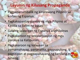 LayuninngKilusang PropagandaPagpapanumbalikngkinatawang Pilipino sakortesngEspanya.Pagkakapantay-pantayngmga Pilipino at KastilasailalimngbatasGawinglalawiganngEspanyaangPilipinasPagkakaroonngsekularisasyonngmgaparokyasaKatipunanPagkakaroonngkalayaansapamamahayag, pananalita, pagpupulong, o pagtitipon at pagpapahayangngkanilangmgahinaing.