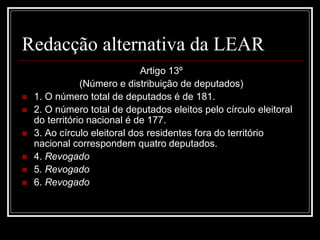 Redacção alternativa da LEAR
                              Artigo 13º
                (Número e distribuição de deputados)
   1. O número total de deputados é de 181.
   2. O número total de deputados eleitos pelo círculo eleitoral
    do território nacional é de 177.
   3. Ao círculo eleitoral dos residentes fora do território
    nacional correspondem quatro deputados.
   4. Revogado
   5. Revogado
   6. Revogado
 