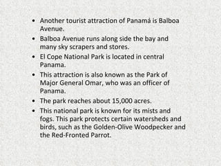 Another tourist attraction of Panamá is Balboa Avenue.  Balboa Avenue runs along side the bay and many sky scrapers and stores.  El Cope National Park is located in central Panama.  This attraction is also known as the Park of Major General Omar, who was an officer of Panama.  The park reaches about 15,000 acres. This national park is known for its mists and fogs. This park protects certain watersheds and birds, such as the Golden-Olive Woodpecker and the Red-Fronted Parrot.  