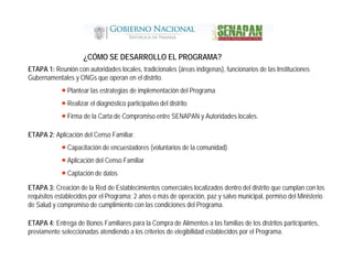 ¿CÓMO SE DESARROLLO EL PROGRAMA?
ETAPA 1: Reunión con autoridades locales, tradicionales (áreas indígenas), funcionarios de las Instituciones
Gubernamentales y ONGs que operan en el distrito.
Plantear las estrategias de implementación del Programa
Realizar el diagnóstico participativo del distrito
Firma de la Carta de Compromiso entre SENAPAN y Autoridades locales.
ETAPA 2: Aplicación del Censo Familiar.
Capacitación de encuestadores (voluntarios de la comunidad)
Aplicación del Censo Familiar
Captación de datos
ETAPA 3: Creación de la Red de Establecimientos comerciales localizados dentro del distrito que cumplan con los
requisitos establecidos por el Programa: 2 años o más de operación, paz y salvo municipal, permiso del Ministerio
de Salud y compromiso de cumplimiento con las condiciones del Programa.
ETAPA 4: Entrega de Bonos Familiares para la Compra de Alimentos a las familias de los distritos participantes,
previamente seleccionadas atendiendo a los criterios de elegibilidad establecidos por el Programa.
 