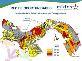 RED DE OPORTUNIDADESRED DE OPORTUNIDADES
Incidencia de la Pobreza Extrema por Corregimiento
0.00 – 0.20
0.20 – 0.40
0.40 – 0.59
0.60 – 0.79
0.80 – 0.99
Nivel de
Pobreza
Ngäbe Buglé
Kuna Yala
Embera Wounnán
Comarcas
Indígenas
 