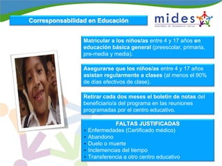 Matricular a los niños/as entre 4 y 17 años en
educación básica general (preescolar, primaria,
pre-media y media).
Asegurarse que los niños/as entre 4 y 17 años
asistan regularmente a clases (al menos el 90%
de días efectivos de clase).
Retirar cada dos meses el boletín de notas del
beneficiario/a del programa en las reuniones
programadas por el centro educativo.
FALTAS JUSTIFICADASFALTAS JUSTIFICADAS
• Enfermedades (Certificado médico)
• Abandono
• Duelo o muerte
• Inclemencias del tiempo
• Transferencia a otro centro educativo
Corresponsabilidad en EducaciCorresponsabilidad en Educacióónn
 
