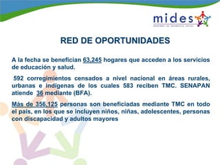 RED DE OPORTUNIDADESRED DE OPORTUNIDADES
A la fecha se benefician 63,245 hogares que acceden a los servicios
de educación y salud.
592 corregimientos censados a nivel nacional en áreas rurales,
urbanas e indígenas de los cuales 583 reciben TMC. SENAPAN
atiende 36 mediante (BFA).
Más de 356,125 personas son beneficiadas mediante TMC en todo
el país, en los que se incluyen niños, niñas, adolescentes, personas
con discapacidad y adultos mayores
 