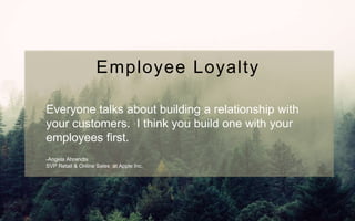 Employee Loyalty
Everyone talks about building a relationship with
your customers. I think you build one with your
employees first.
-Angela Ahrendts
SVP Retail & Online Sales at Apple Inc.
 