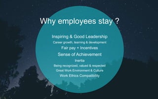 Why employees stay ?
Inspiring & Good Leadership
Career growth, learning & development
Fair pay + Incentives
Sense of Achievement
Inertia
Being recognized, valued & respected
Great Work Environment & Culture
Work Ethics Compatibility
 