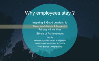 Why employees stay ?
Inspiring & Good Leadership
Career growth, learning & development
Fair pay + Incentives
Sense of Achievement
Inertia
Being recognized, valued & respected
Great Work Environment & Culture
Work Ethics Compatibility
 