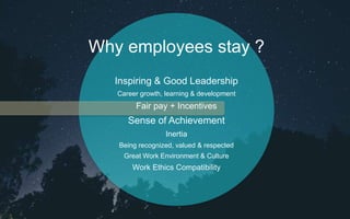 Why employees stay ?
Inspiring & Good Leadership
Career growth, learning & development
Fair pay + Incentives
Sense of Achievement
Inertia
Being recognized, valued & respected
Great Work Environment & Culture
Work Ethics Compatibility
 
