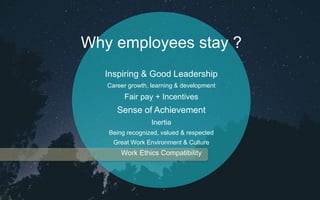 Why employees stay ?
Inspiring & Good Leadership
Career growth, learning & development
Fair pay + Incentives
Sense of Achievement
Inertia
Being recognized, valued & respected
Great Work Environment & Culture
Work Ethics Compatibility
 