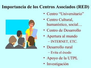 Importancia de los Centros Asociados (RED) Centro “Universitario” Centro Cultural, humanístico, social… Centro de Desarrollo Apertura al mundo INTERNET, ETC. Desarrollo rural Evita el éxodo Apoyo de la UTPL Investigación 