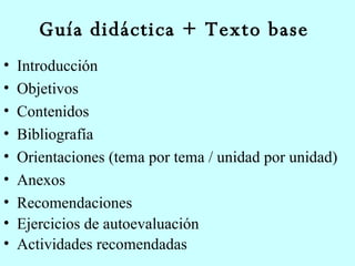   Guía didáctica + Texto base Introducción Objetivos Contenidos Bibliografía Orientaciones (tema por tema / unidad por unidad) Anexos  Recomendaciones Ejercicios de autoevaluación Actividades recomendadas   