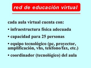 red de educación virtual cada aula virtual cuenta con: •  infraestructura física adecuada •  capacidad para 25 personas •  equipo tecnológico (pc, proyector, amplificación, vhs, teléfono/fax, etc.) •  coordinador (tecnológico) del aula 
