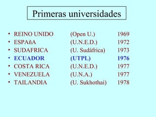 Primeras universidades REINO UNIDO  (Open U.) 1969 ESPAñA (U.N.E.D.) 1972 SUDAFRICA  (U. Sudáfrica) 1973 ECUADOR  (UTPL) 1976 COSTA RICA (U.N.E.D.) 1977 VENEZUELA (U.N.A.) 1977 TAILANDIA  (U. Sukhothai) 1978 
