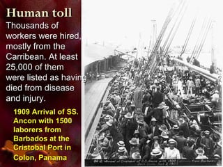 1909 Arrival of SS.1909 Arrival of SS.
Ancon with 1500Ancon with 1500
laborers fromlaborers from
Barbados at theBarbados at the
Cristobal Port inCristobal Port in
Colon, PanamaColon, Panama
Thousands ofThousands of
workers were hired,workers were hired,
mostly from themostly from the
Carribean. At leastCarribean. At least
25,00025,000 of themof them
were listed as havingwere listed as having
died from diseasedied from disease
and injury.and injury.
Human tollHuman toll
 