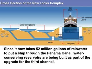 Since it now takes 52 million gallons of rainwaterSince it now takes 52 million gallons of rainwater
to put a ship through the Panama Canal, water-to put a ship through the Panama Canal, water-
conserving reservoirs are being built as part of theconserving reservoirs are being built as part of the
upgrade for the third channel.upgrade for the third channel.
 