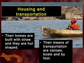 Housing andHousing and
transportationtransportation
• Their homes areTheir homes are
built with strawbuilt with straw
and they are hutand they are hut
shaped.shaped.
• Their means ofTheir means of
transportationtransportation
are canoes,are canoes,
boats and byboats and by
foot.foot.
 