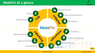 www.panamaxil.com Private & Confidential
Top-up
Bill Payments
Remittance
mTicketing
mLottery/mBetting
Micro Finance
Insurance
Money Transfer
Salary Disbursements
MobiFin At a glance
Agenda
Mobile Banking
Agency Banking
Social Banking
 