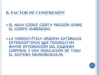B. FACTOR DE COMPRESIÓNEl agua ejerce cierta presión sobre el cuerpo sumergido.La hidrostática origina estímulos exteroceptivos que posibilitan mayor integración del esquema corporal y una regulación de todo el sistema neuromuscular.