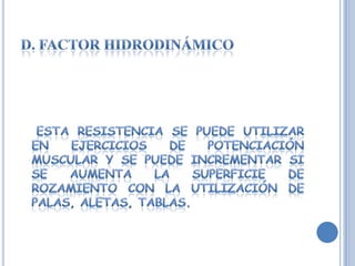 D. FACTOR HIDRODINÁMICO   Esta resistencia se puede utilizar en ejercicios de potenciación muscular y se puede incrementar si se aumenta la superficie de rozamiento con la utilización de palas, aletas, tablas.