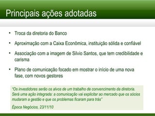 Principais ações adotadas Troca da diretoria do Banco Aproximação com a Caixa Econômica, instituição sólida e confiável Associação com a imagem de Silvio Santos, que tem credibilidade e carisma Plano de comunicação focado em mostrar o início de uma nova fase, com novos gestores “ Os investidores serão os alvos de um trabalho de convencimento da diretoria. Será uma ação integrada: a comunicação vai explicitar ao mercado que os sócios mudaram a gestão e que os problemas ficaram para trás” Época Negócios, 23/11/10 