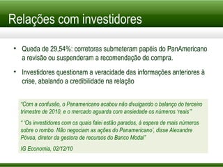 Relações com investidores Queda de 29,54%: corretoras submeteram papéis do PanAmericano a revisão ou suspenderam a recomendação de compra. Investidores questionam a veracidade das informações anteriores à crise, abalando a credibilidade na relação “ Com a confusão, o Panamericano acabou não divulgando o balanço do terceiro trimestre de 2010, e o mercado aguarda com ansiedade os números ‘reais’” “ ‘ Os investidores com os quais falei estão parados, à espera de mais números sobre o rombo. Não negociam as ações do Panamericano’, disse Alexandre Póvoa, diretor da gestora de recursos do Banco Modal” IG Economia, 02/12/10 
