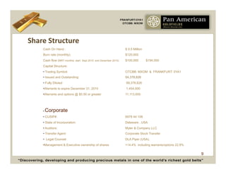 Share	
  Structure	
  
      Cash On Hand :                                                $ 0.5 Million
      Burn rate (monthly):                                          $120,000
      Cash flow (MRT monthly: start Sept 2010 exit December 2010)   $100,000        $194,000
      Capital Structure:
      •  Trading Symbol:                                            OTCBB: MXOM & FRANKFURT: 0YA1
      •  Issued and Outstanding:                                    54,378,826
      •  Fully Diluted                                              89,378,826
      • Warrants to expire December 31, 2010                        1.454,000
      • Warrants and options @ $0.50 or greater                     11,113,000




      •    Corporate
      •  CUSIP#:                                                    6978 44 108
      •  State of Incorporation:                                    Delaware , USA
      •  Auditors:                                                  Myler & Company LLC
      •  Transfer Agent:                                            Corporate Stock Transfer
      •  Legal Counsel                                              DLA Piper (USA).
      • Management & Executive ownership of shares                  +14.4% including warrants/options 22.8%

                                                                                                              9
 