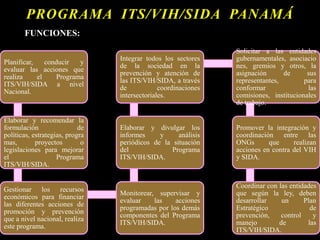 FUNCIONES:
Planificar, conducir y
evaluar las acciones que
realiza el Programa
ITS/VIH/SIDA a nivel
Nacional.
Elaborar y recomendar la
formulación de
políticas, estrategias, progra
mas, proyectos o
legislaciones para mejorar
el Programa
ITS/VIH/SIDA.
Gestionar los recursos
económicos para financiar
las diferentes acciones de
promoción y prevención
que a nivel nacional, realiza
este programa.
Monitorear, supervisar y
evaluar las acciones
programadas por los demás
componentes del Programa
ITS/VIH/SIDA.
Elaborar y divulgar los
informes y análisis
periódicos de la situación
del Programa
ITS/VIH/SIDA.
Integrar todos los sectores
de la sociedad en la
prevención y atención de
las ITS/VIH/SIDA, a través
de coordinaciones
intersectoriales.
Solicitar a las entidades
gubernamentales, asociacio
nes, gremios y otros, la
asignación de sus
representantes, para
conformar las
comisiones, institucionales
de trabajo.
Promover la integración y
coordinación entre las
ONGs que realizan
acciones en contra del VIH
y SIDA.
Coordinar con las entidades
que según la ley, deben
desarrollar un Plan
Estratégico de
prevención, control y
manejo de las
ITS/VIH/SIDA.
PROGRAMA ITS/VIH/SIDA PANAMÁ
 