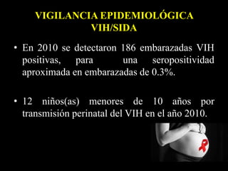 VIGILANCIA EPIDEMIOLÓGICA
VIH/SIDA
• En 2010 se detectaron 186 embarazadas VIH
positivas, para una seropositividad
aproximada en embarazadas de 0.3%.
• 12 niños(as) menores de 10 años por
transmisión perinatal del VIH en el año 2010.
 