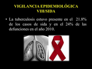 VIGILANCIA EPIDEMIOLÓGICA
VIH/SIDA
• La tuberculosis estuvo presente en el 21.8%
de los casos de sida y en el 24% de las
defunciones en el año 2010.
 