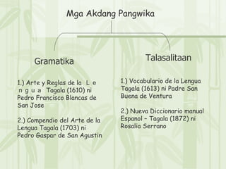 Mga Akdang Pangwika 1.) Arte y Reglas de la  Ｌｅｎｇｕａ  Tagala (1610) ni Pedro Francisco Blancas de San Jose 2.) Compendio del Arte de la Lengua Tagala (1703) ni Pedro Gaspar de San Agustin 1.) Vocabulario de la Lengua Tagala (1613) ni Padre San Buena de Ventura 2.) Nueva Diccionario manual Espanol – Tagala (1872) ni Rosalia Serrano Gramatika Talasalitaan 