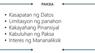PAKSA
• Kasapatan ng Datos
• Limitasyon ng panahon
• Kakayahang Pinansiyal
• Kabuluhan ng Paksa
• Interes ng Mananaliksik
 